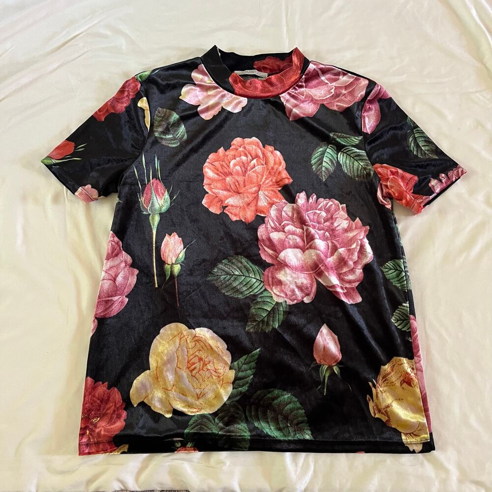 Dark Floral Velvet Mock Neck Short Sleeve Top Blouse Wmns M Whimsygoth Fairy
